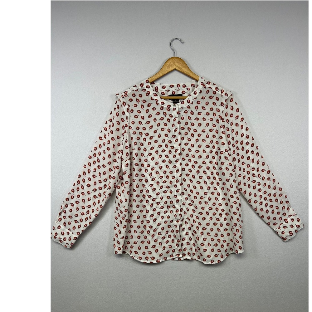 Officecore Liz Claiborne Womens Large White Rust Leaf Print‎ Button Blouse Top
